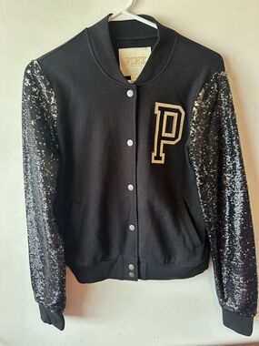 VS Pink Vintage Black and Gold Sequin Bling Varsity Jacket S